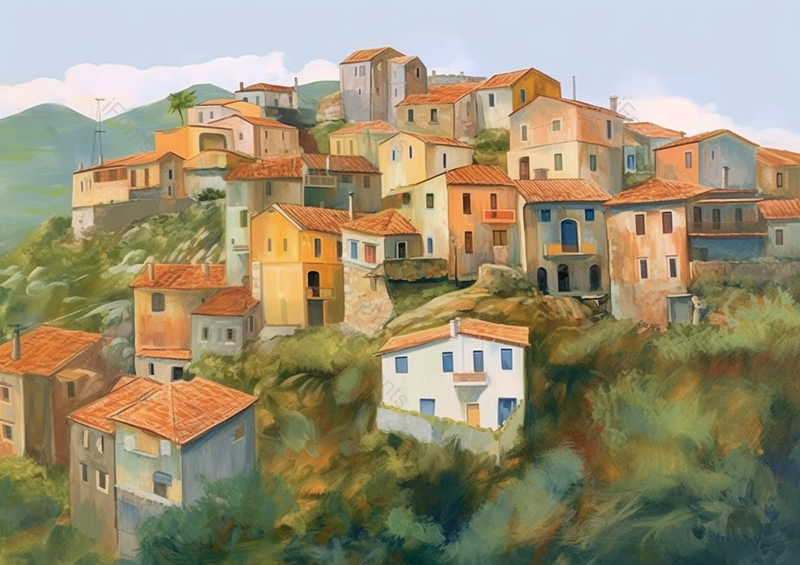 小清新蓝天白云油画山里村庄手绘插画背景,插画/手绘图,插画/手绘图库,插画/手绘图下载,插画/手绘